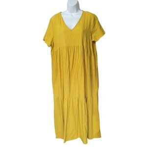 Yellow Cotton Boho Tiered Maxi Dress With V-Neck Short Sleeves 2XL